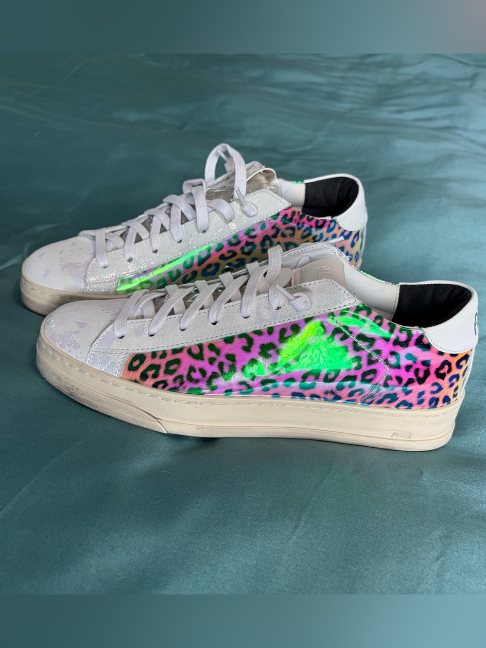 P448 White Sneakers with Iridescent Pink & Green Leopard Panels
